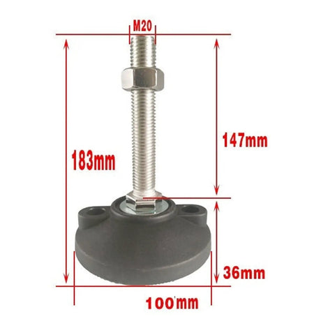 Hella Sturdy Carbon Steel Adjustable Leveling Feet 12 Pack Support Legs with threaded screw and dimensions shown.