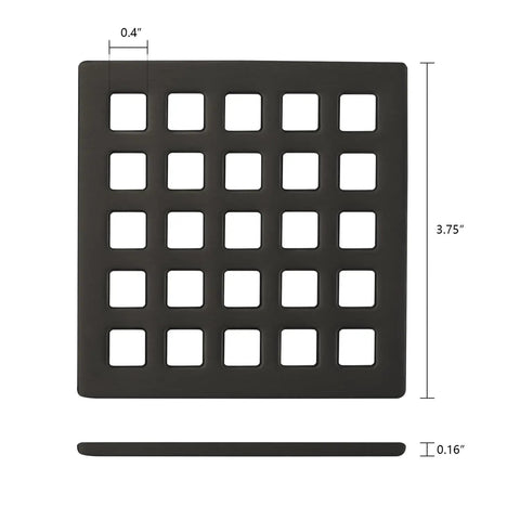 Three And Three Quarters Inch Square Shower Drain Grate Matte Black Stainless Steel Hair Catcher Drain Strainer dimensions