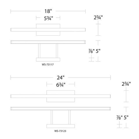 Diagram of Parallax 18 Inch LED Up Or Down Bathroom Vanity And Wall Light dimensions in brushed nickel finish