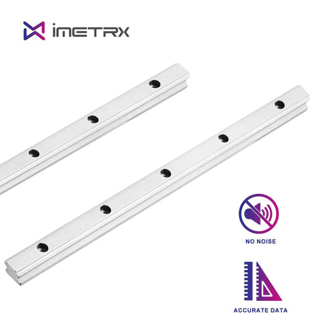 Pro Grade HGR20 Linear Guide Rail Kit with two 200mm rails showing silent operation and accuracy badges for CNC and 3D printers.