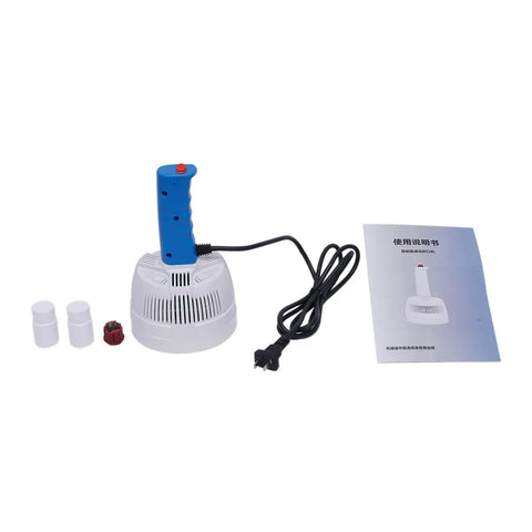 Pro Grade Handheld Bottle Cap Sealer Matches 20 To 100 mm Flat Caps parts layout including handheld sealer, manual, and attachments.