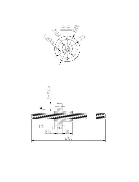 Technical drawing of Beefy 8mm Lead Screw 200mm Long With Brass Nut For Z Axis CNC And 3D Printers, TR8x2 Acme Thread design specs.
