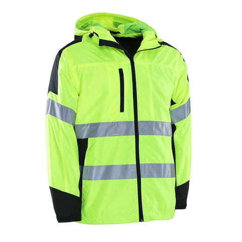 Hi Vis Hooded Windbreaker Safety Jacket With 2 Inch Reflective Tape ANSI Class 2 Compliant Water Resistant Shell Lime High Visibility Gear 3XL