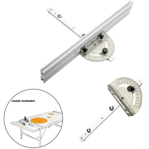 Pro-Grade Router Sled Accessory Kit with angle ruler, guide rail, backer, and track stopper, shown with woodworking table setup.