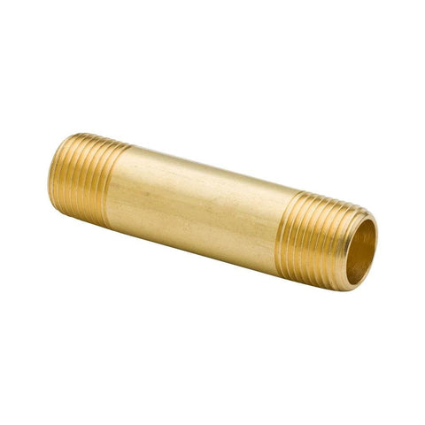 Brass pipe nipple, 3-inch long, 1/2-inch NPT male x 1/2-inch NPT male, side view, 2-pack
