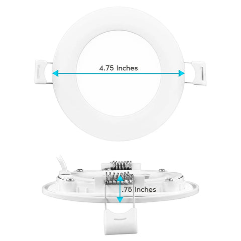 Lit Ultra Thin 4 Inch LED Recessed Light Kit With J Box 12W 5 Color Temperature showing size measurements from top and side.