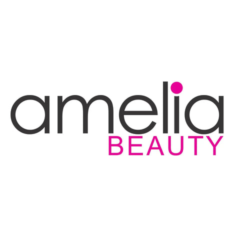 Logo of Amelia Beauty featuring the brand name in black and pink colors on a white background.