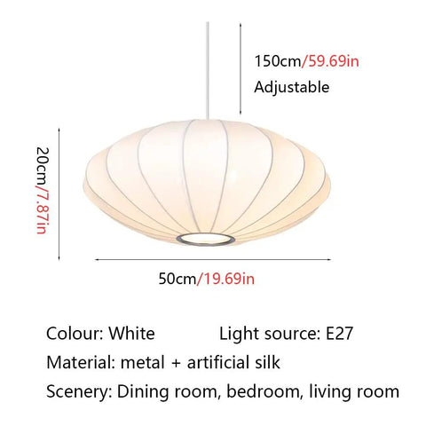 Italian Silkworm Cocoon Pendant Light With White Faux Silk Drum Shade, 50 cm diameter, adjustable height, E27 light source