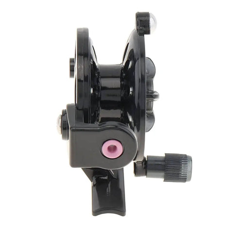 Side view of high speed lightweight spinning reel for right hand retrieve, engineered plastic, 55mm diameter, black finish.