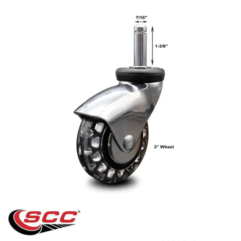 3 Inch Heavy Duty Polyurethane Caster Wheels With Bright Chrome Hood showing 7/16 inch stem for furniture carts and rolling rigs.