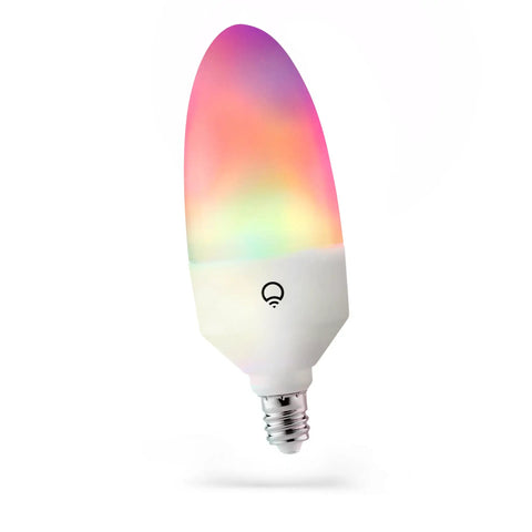 E12 Candle Color Wi Fi Smart LED Light Bulb With Polychrome Technology showing gradient colors on white base