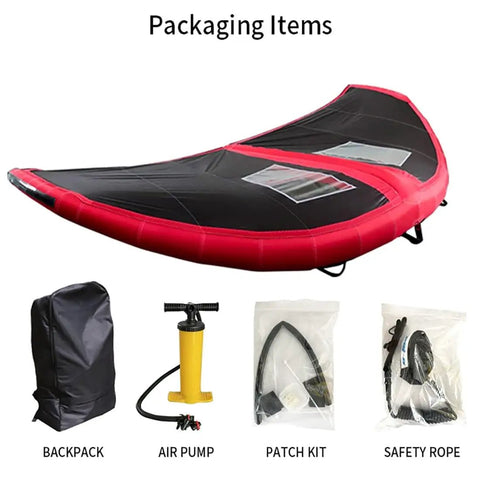 Inflatable Surfing Wing 5m2 Handheld Kitesurf Wing with backpack, air pump, patch kit, and safety rope accessories.