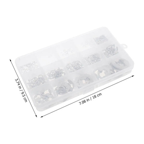 Premium Stainless Steel External Retaining Rings Assortment Snap Ring Kit 400pcs Circlip Set displayed in a clear organizer box.