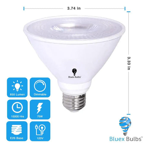 6 Pack PAR30 Short Neck LED Flood Light Bulb 10W 75 Watt Equivalent 850 Lumens Waterproof E26 Base 3000K Warm White Dimmable Flood Light Bulb For Security Outdoor Spotlight And Recessed Lighting, detailed bulb design and specifications shown.