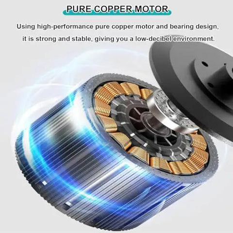 Slick Black Indoor Ceiling Fan Forty Six Inch Model With Remote Controlled Operation Five Reversible Blades Silent Motor showing pure copper motor design.