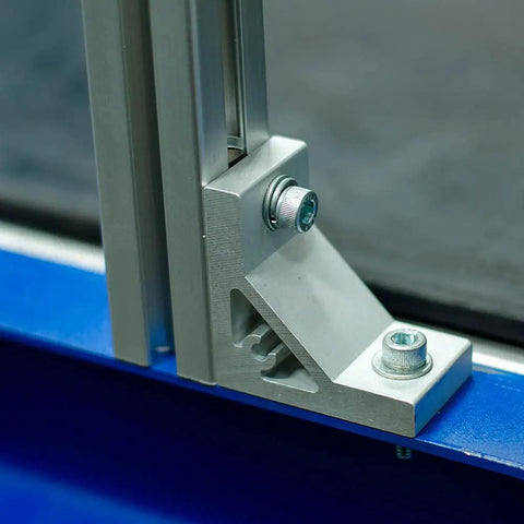 Close-up of Ten Pack 48 Inch T Slot Aluminum Extrusion Linear Rail System with attached bracket, for CNC DIY Projects, 2020 Standard.