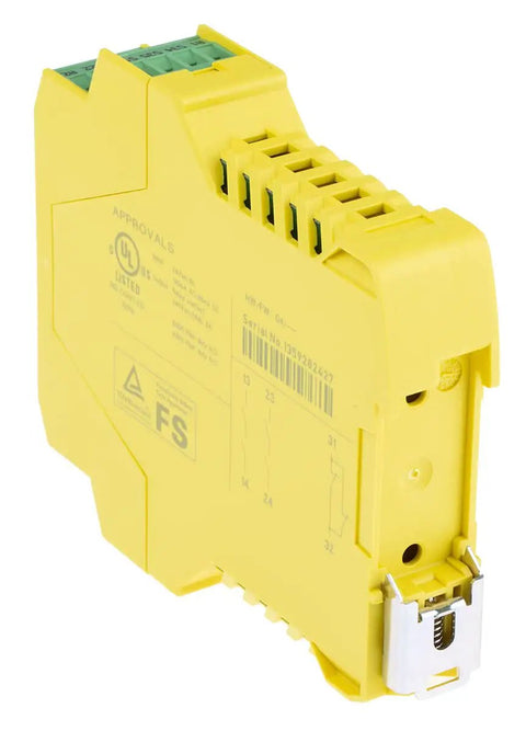 Heavy Duty Industrial Safety Relay With Straight Up Reliable Normally Open Contacts And A No Fuss Auxiliary Circuit Built Tough For 24 Vdc Control Panels And 250 Vac 6 Amp Machinery Model 2900525 in yellow, showing terminals and compact design.