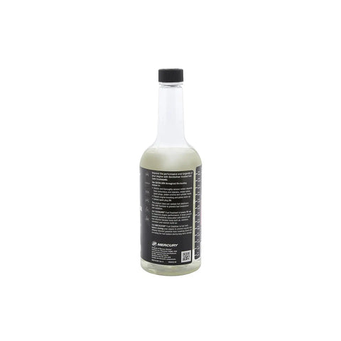 Back view of Mercury Quickleen Engine And Fuel System Cleaner 32 oz bottle showing instructions and contents label