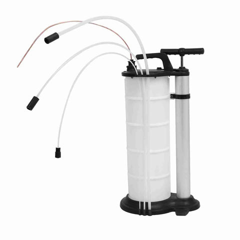 Heavy Duty Manual Oil Transfer Pump With 9L Capacity And Long Hose For Effortless Car Engine Oil Drainage Fluid Extraction On Motorcycles Marine And Shop Use, featuring white chamber and flexible hoses.