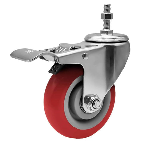 Close-up of Smooth Cruising 4 Inch Red Polyurethane Caster Wheels With Dual Locking Brakes and Threaded Stem Mount.