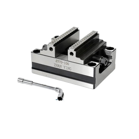Precision Self Centering Vise With Rotary Turntable Fixture For Four And Five Axis Machining Centers with sturdy jaws and a heavy base for stability.