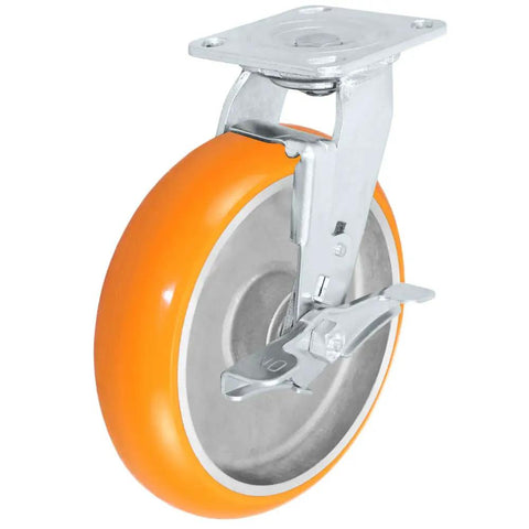 Beast Mode 4 Pack 8 Inch Polyurethane Casters With Orange Tread Non Marking Heavy Duty Rolling Wheels For Factory And Auto Repair 2 Swivel With Brakes Plus 2 Rigid Mounts Handles Up To 4800 Lbs Total Load close-up view of orange poly wheel with metal bracket and brake.