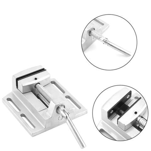 Top Rated Heavy Duty 2.5 Inch Drill Press Vice With Precision Aluminum Body showing jaw detail and guiding rod for smooth movement.