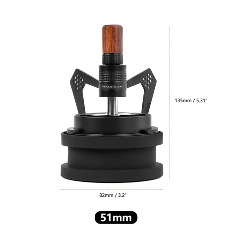 Rotary Wdt Espresso Coffee Distribution Tool With Heavy Duty Stand, showing 51mm size and black base with wooden handle.