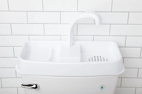 Water Saving Toilet Tank Sink System With Expansion Kit, Adaptable Fit For Most Toilets, displayed on tank, white ABS plastic