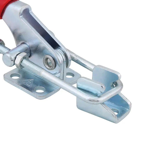 Four Piece Heavy Duty Toggle Clamps Set With Quick Acting Release Latch And No Fuss Adjustable Base close-up of clamp mechanism.