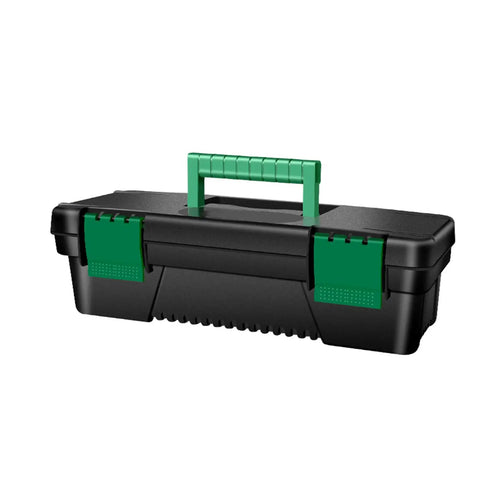Kickass Tailgate Ready Tool Box Featuring An Unbreakable Hinged Lid And Grippy Top Carry Handle, black with green handle.