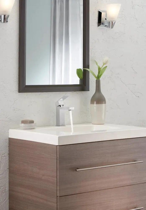 Modern Single Hole Chrome Bathroom Faucet With Single Handle 0.5 GPM Low Flow Push Pop Up Drain on vanity sink