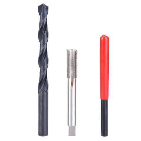17 Piece Heavy Duty Stainless Steel Thread Repair Kit with twisted drill, tap wrench and threaded inserts for M10x1 threads.