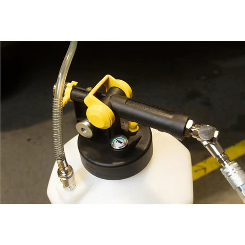 Top view of Fluid Extractor Dispenser For Evacuating And Refilling Reservoirs, Topping Off And Bleeding Hydraulic Brake And Clutch Systems, 5.3 Gallon Capacity, 120 PSI, Vacuum Or Positive Pressure, Compressed Air Ready, Pro Grade Heavy Duty with attached hose and gauge.