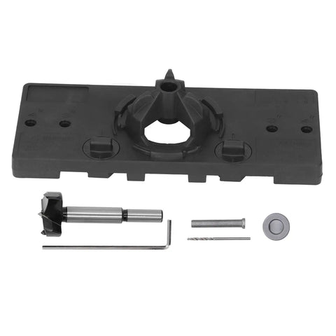 Aramox Hinge Hole Saw Jig For Precise 35mm Cup Drilling With Adjustable Depth Stop And Spacing Options. Includes jig and accessories.