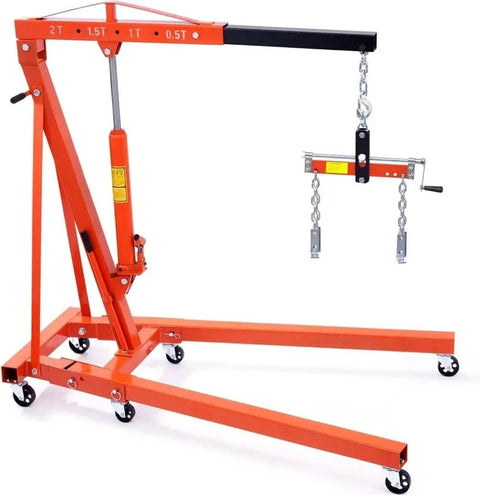 Badass 2 Ton Hydraulic Engine Hoist With Fast Pivot Rotator And Smooth Lever Control Folding Cherry Picker Shop Crane, orange metal design.