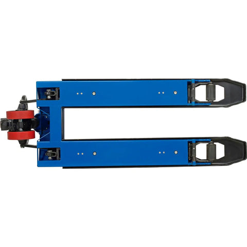 Heavy Duty Low Profile Pallet Jack Scale Truck Built Tough For Serious Payload Jobs Featuring Integrated Digital Weight Meter And No Sweat Ergonomic Pump Lever Systems, top view with blue forks and wheels.