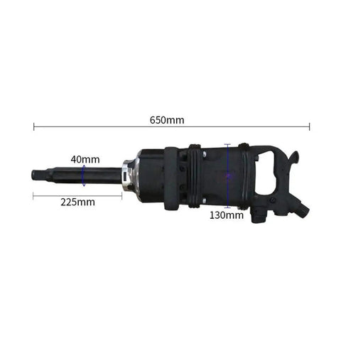 Pro Shop Ready 1 Inch Square Drive Impact Wrench Featuring Smooth Pinless Anvil And Snappy Forward Reverse Throttle Switch side view with dimensions