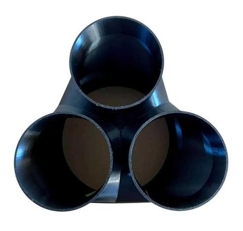 Front view of 8 Inch To 4 Inch 3 Way Duct Splitter Connector For Woodworking Dust And Grow Tent Ventilation, black ABS plastic construction.