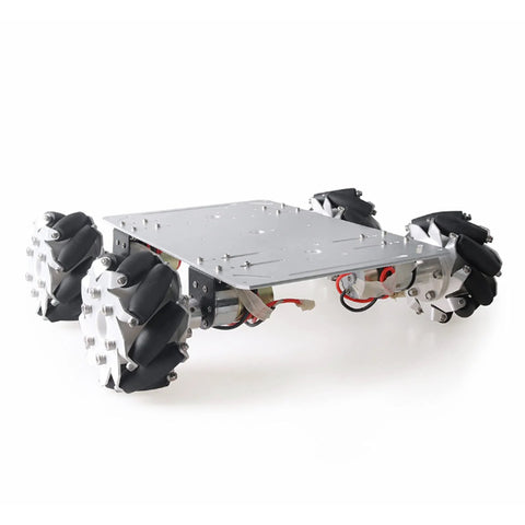 RC car with 100mm mecanum wheels for omnidirectional movement, featuring steel hubs, aluminum chassis, and rubber rollers for enhanced control.