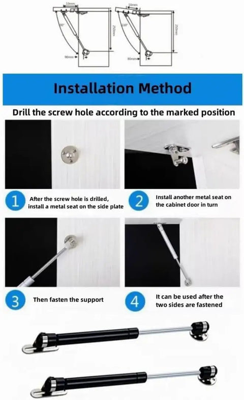 Installation guide for Rock Solid 6 Inch Gas Struts For Cabinets showing metal seat placement and support fastening steps.