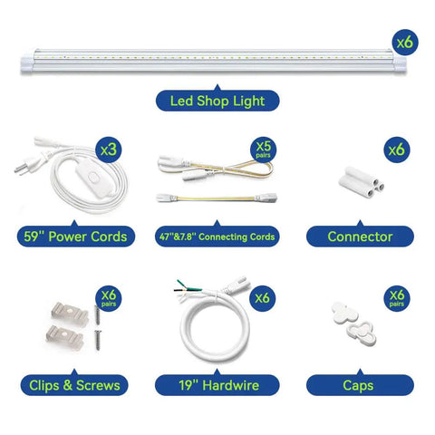 Components of 2 Foot V Shaped LED Shop Light 5000K 20W 2500lm Daylight, including cords, connectors, clips, and caps.