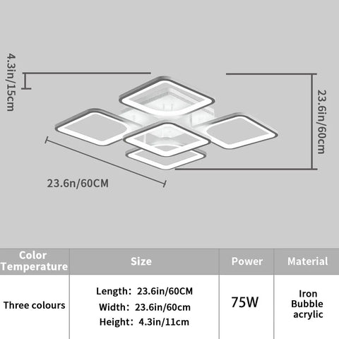 Sleek Two Layer Square LED Ceiling Light Flush Mount White Modern Minimalist Chandelier For Living Room And Bedroom 75W Cool White 5000K shown with dimensions.