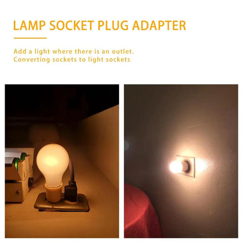 4 Pack E26 E27 Lamp Socket Adapter Converts Outlet To Dual E26 Light Sockets For Lamps And Fixtures For A Quick No Fuss DIY Lighting Upgrade 660 Watt 125 Volt AC Plug In Black Finish Included showing illuminated bulbs plugged into wall outlet adapters.