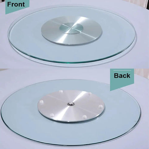 Heavy Duty 43 Inch Lazy Susan Turntable Crafted From Ultra Thick Tempered Glass With Rock Solid Aluminum Base showing front and back views.