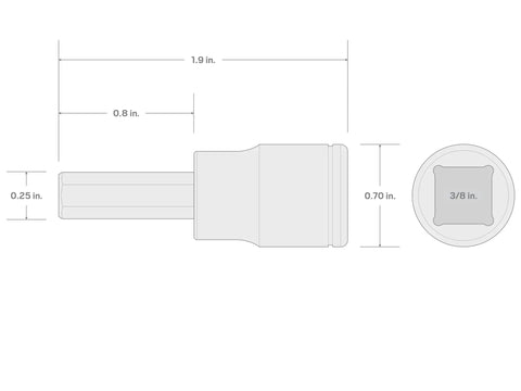 Technical drawing of Three Eighth Inch Drive Hex Bit Socket With Five Thirty Second Inch Hex Bit S2 Steel Press Fit, labeled dimensions.