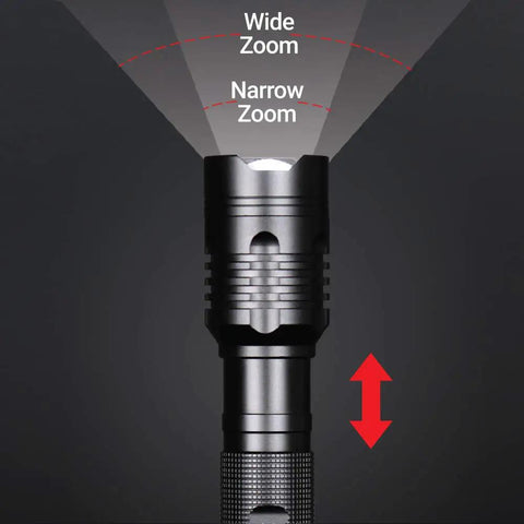 Tactical LED Flashlight With Aluminum Alloy Body, Zoomable Beam, Up To 1,000 Feet Reach, shown with wide and narrow zoom options.