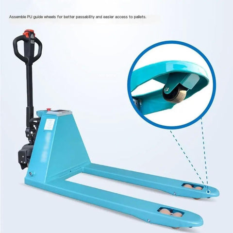 Heavy Duty Electric Pallet Jack With 3300 Lb Capacity, Lithium Powered Forklift Pump for tight spaces, showing PU guide wheels.