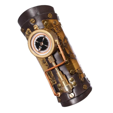 Quality Steampunk Arm Sleeve With Integrated Compass And Gear Details Made From Stretchy PU Leather, showing compass detail and brass accents.