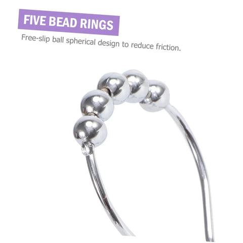 Double Hooks Glide Shower Curtain Rings No Fuss Rust Resistant Stainless Steel Purple Decorative Design, close-up of five bead rings.